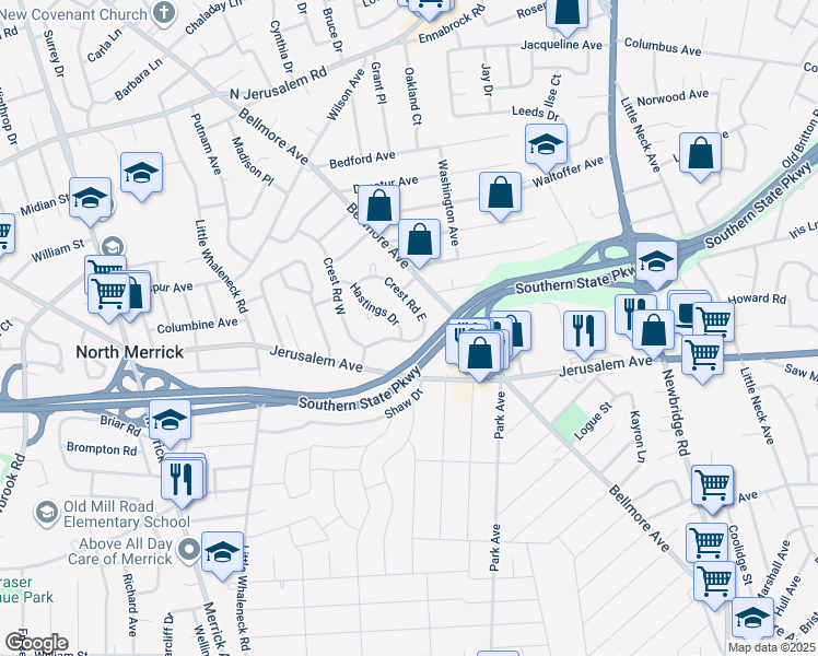 map of restaurants, bars, coffee shops, grocery stores, and more near 29 Hastings Drive in Merrick