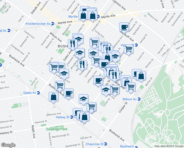 map of restaurants, bars, coffee shops, grocery stores, and more near 1266 Jefferson Avenue in Brooklyn