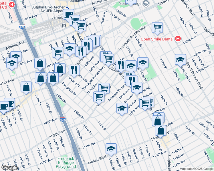 map of restaurants, bars, coffee shops, grocery stores, and more near 107-37 Liverpool Street in Queens