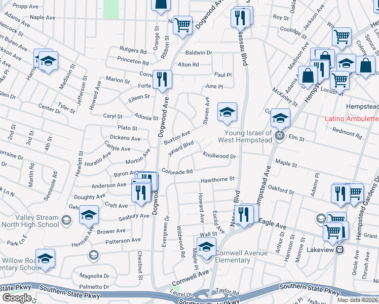 map of restaurants, bars, coffee shops, grocery stores, and more near 664 Knollwood Drive in West Hempstead
