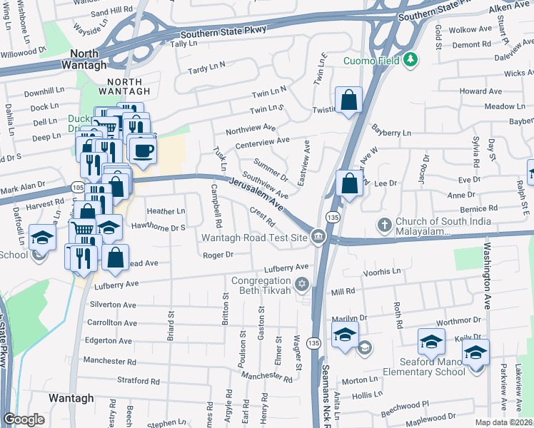 map of restaurants, bars, coffee shops, grocery stores, and more near 3655 Crest Road in Wantagh