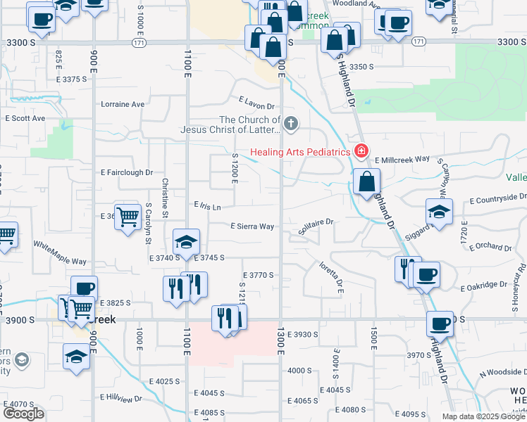map of restaurants, bars, coffee shops, grocery stores, and more near 1262 East Iris Lane in Millcreek
