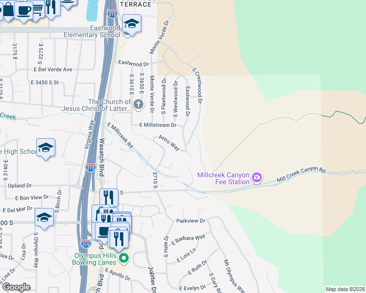 map of restaurants, bars, coffee shops, grocery stores, and more near 3642 Eastwood Drive in Salt Lake City