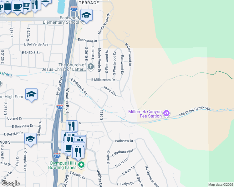 map of restaurants, bars, coffee shops, grocery stores, and more near 3642 Eastwood Drive in Salt Lake City