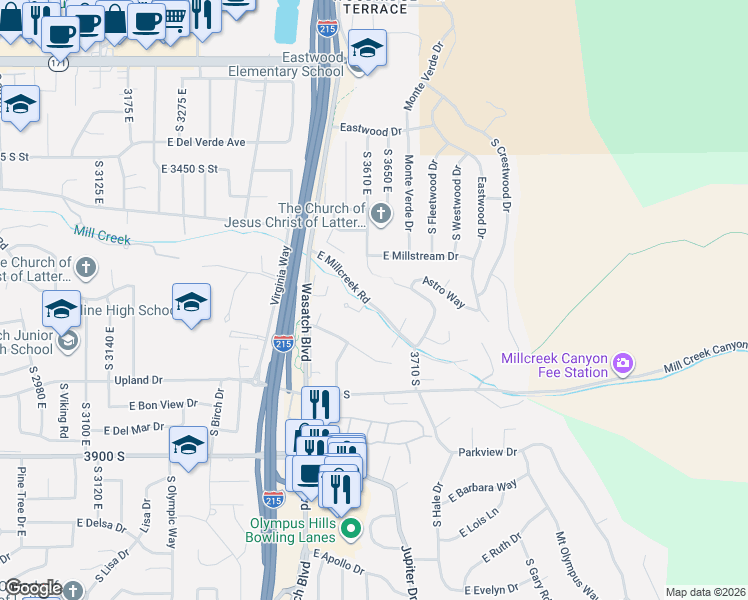 map of restaurants, bars, coffee shops, grocery stores, and more near 3589 East Apple Mill Cove in Salt Lake City