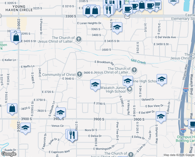 map of restaurants, bars, coffee shops, grocery stores, and more near 2828 East Craig Drive in Salt Lake City