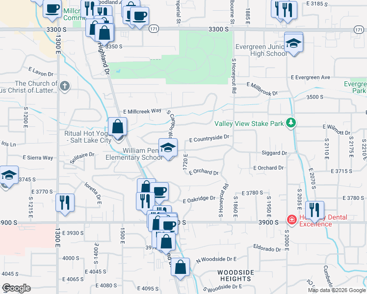 map of restaurants, bars, coffee shops, grocery stores, and more near 1726 East Countryside Drive in Salt Lake City