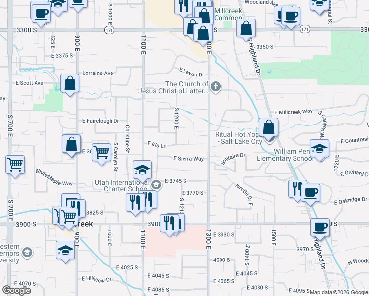 map of restaurants, bars, coffee shops, grocery stores, and more near 1216 East Iris Lane in Salt Lake City