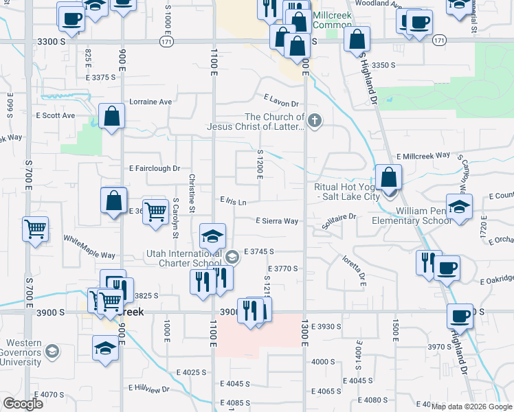 map of restaurants, bars, coffee shops, grocery stores, and more near 1216 East Iris Lane in Salt Lake City