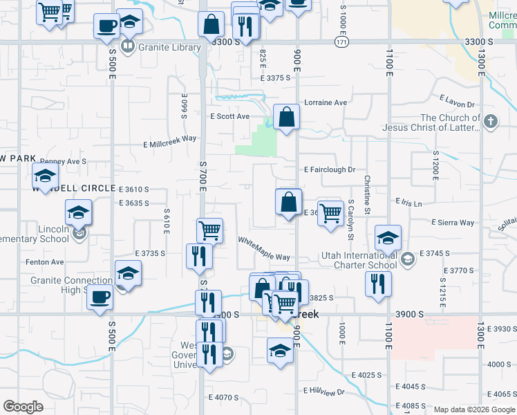 map of restaurants, bars, coffee shops, grocery stores, and more near 786 Redmaple Circle in Millcreek