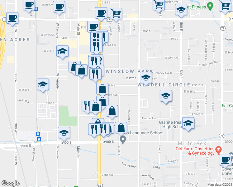map of restaurants, bars, coffee shops, grocery stores, and more near 153 East Helm Avenue in South Salt Lake