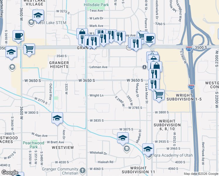 map of restaurants, bars, coffee shops, grocery stores, and more near 3058 Flats Circle in West Valley City