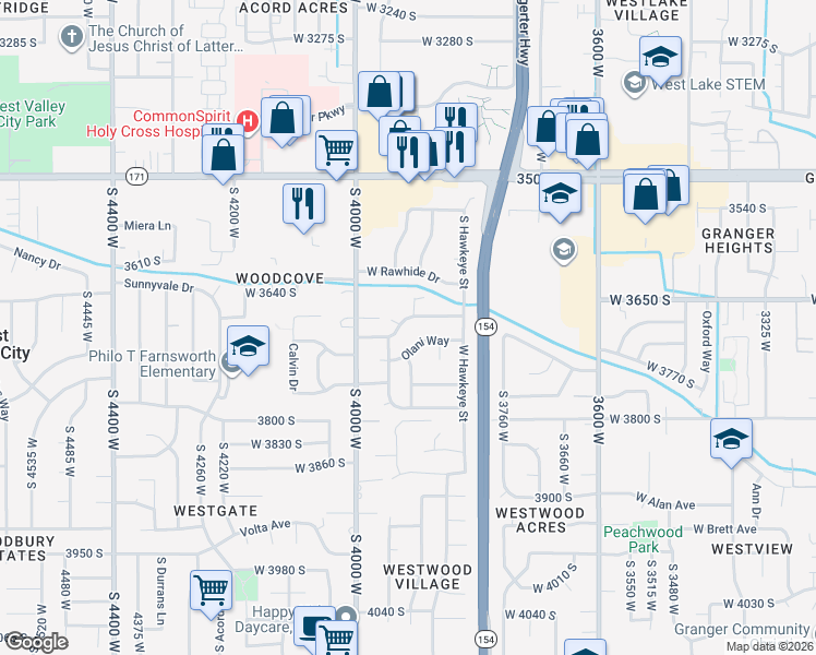map of restaurants, bars, coffee shops, grocery stores, and more near 3890 Olani Way in Salt Lake City