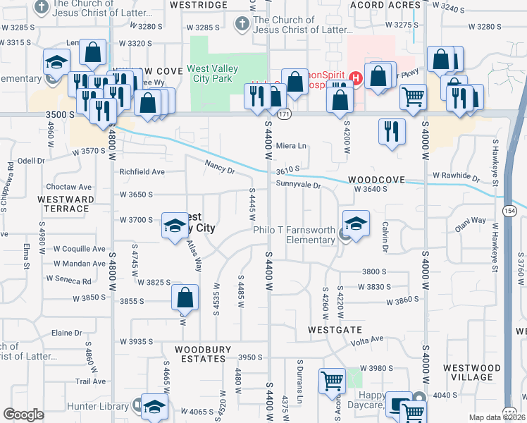map of restaurants, bars, coffee shops, grocery stores, and more near 3689 4400 west in West Valley City