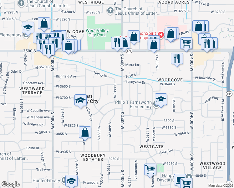map of restaurants, bars, coffee shops, grocery stores, and more near 3688 South 4445 West in West Valley City