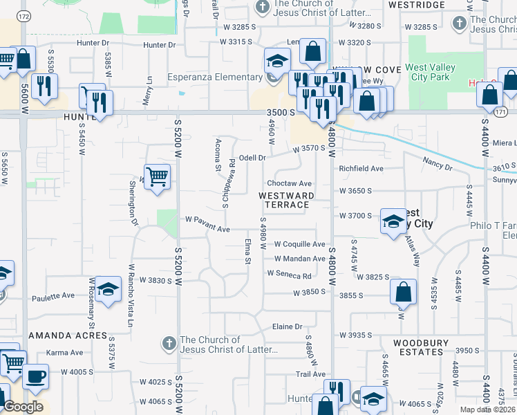map of restaurants, bars, coffee shops, grocery stores, and more near 5000 West Pavant Avenue in West Valley City