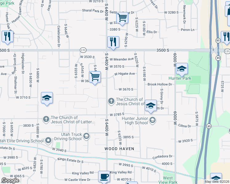 map of restaurants, bars, coffee shops, grocery stores, and more near 6341 West 3670 South in West Valley City