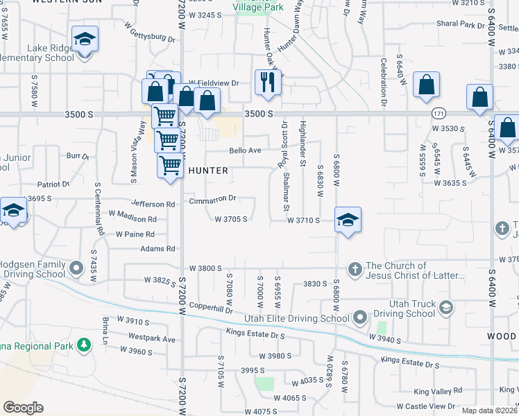 map of restaurants, bars, coffee shops, grocery stores, and more near 3690 Cimmarron Drive in West Valley City