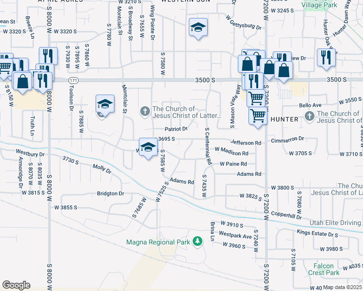 map of restaurants, bars, coffee shops, grocery stores, and more near 3707 Jefferson Circle in Magna