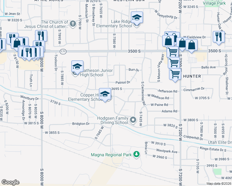 map of restaurants, bars, coffee shops, grocery stores, and more near 3708 Adams Road in Magna