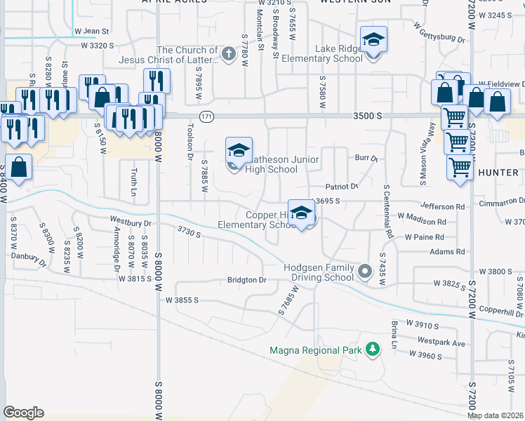 map of restaurants, bars, coffee shops, grocery stores, and more near 7720 West 3735 South in Magna