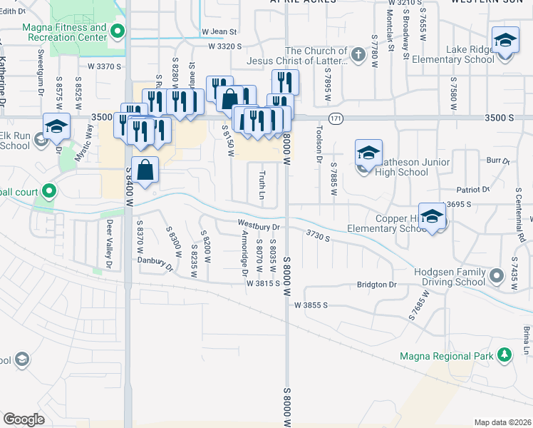 map of restaurants, bars, coffee shops, grocery stores, and more near 8027 Country West Drive in Magna