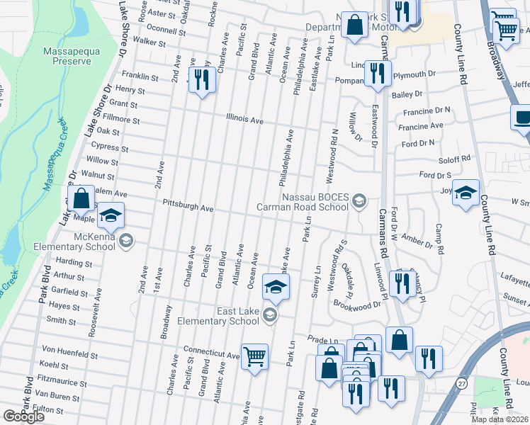 map of restaurants, bars, coffee shops, grocery stores, and more near 363 Pittsburgh Avenue in Massapequa Park