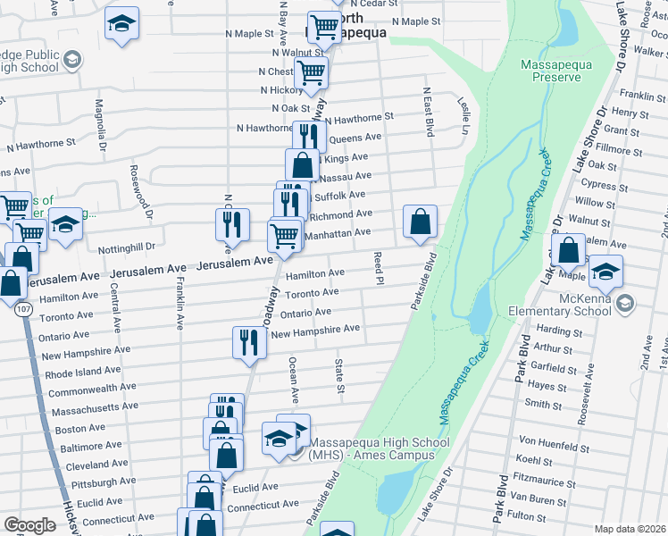 map of restaurants, bars, coffee shops, grocery stores, and more near 229 Hamilton Avenue in Massapequa