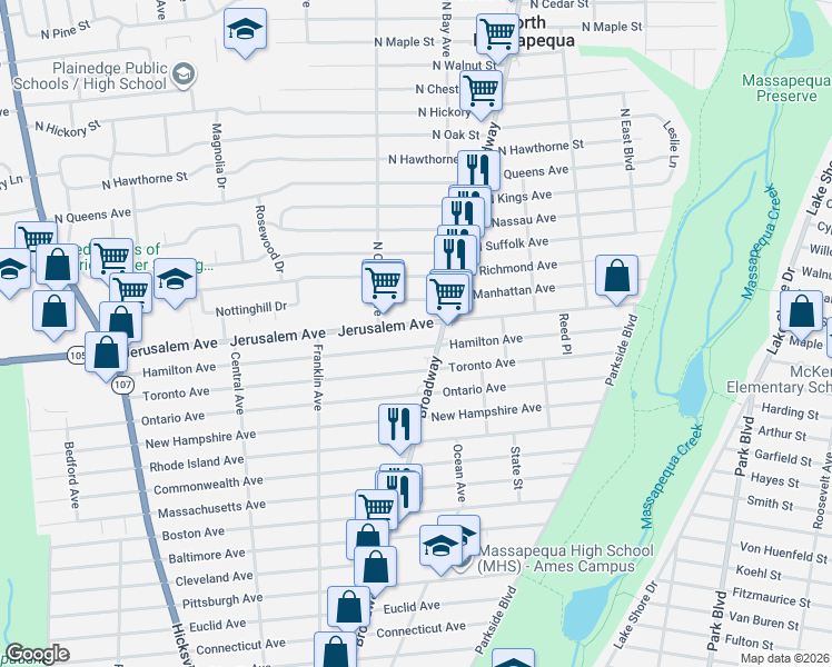 map of restaurants, bars, coffee shops, grocery stores, and more near in Massapequa