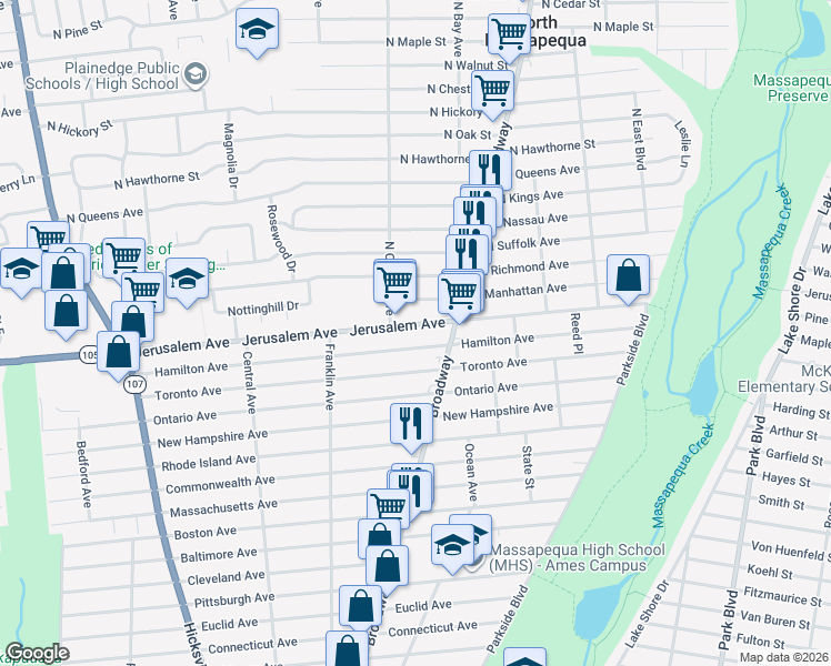 map of restaurants, bars, coffee shops, grocery stores, and more near 184 Jerusalem Avenue in Massapequa
