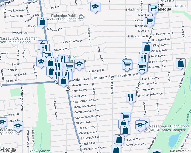 map of restaurants, bars, coffee shops, grocery stores, and more near in North Massapequa