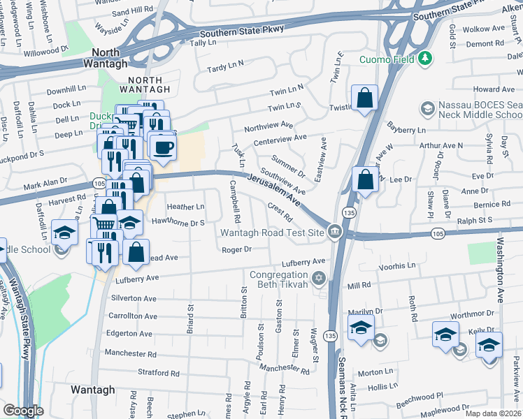 map of restaurants, bars, coffee shops, grocery stores, and more near 1269 Pleasant Road in Wantagh