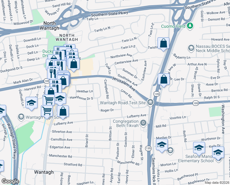 map of restaurants, bars, coffee shops, grocery stores, and more near 1269 Pleasant Road in Wantagh