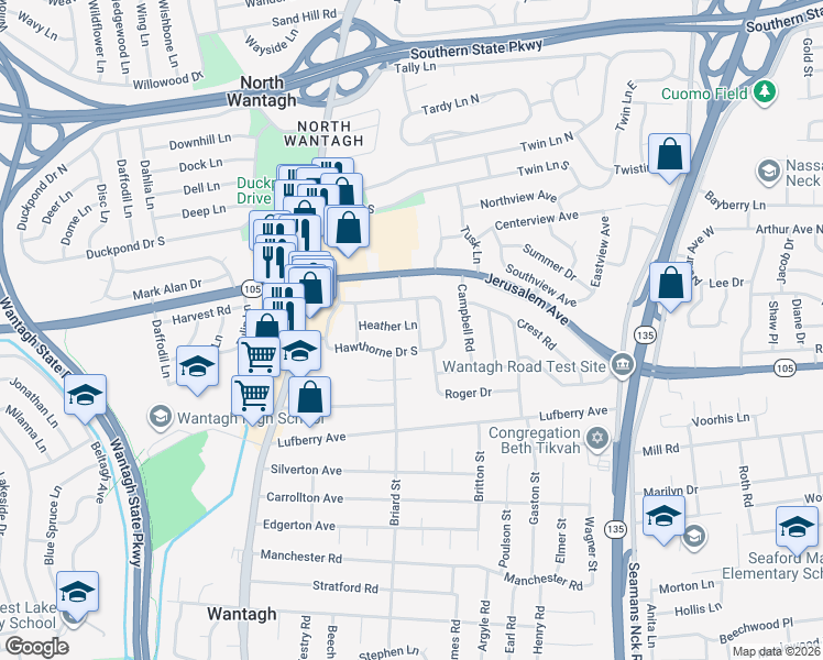 map of restaurants, bars, coffee shops, grocery stores, and more near 1253 Barberry Road in Wantagh
