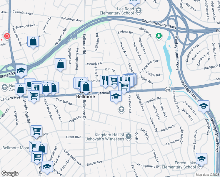 map of restaurants, bars, coffee shops, grocery stores, and more near 205 Doris Avenue in North Bellmore