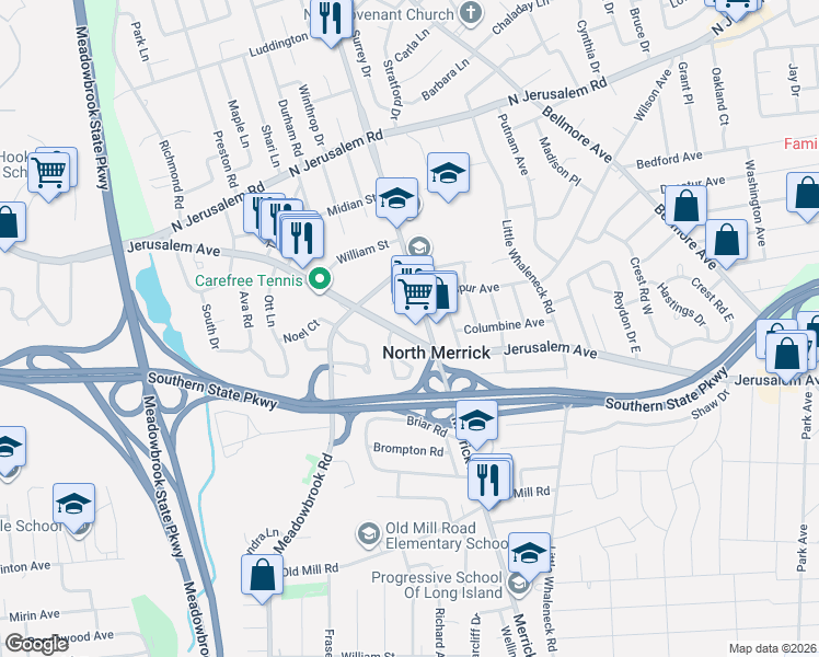 map of restaurants, bars, coffee shops, grocery stores, and more near 1529 Jerusalem Avenue in Merrick