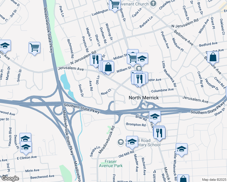 map of restaurants, bars, coffee shops, grocery stores, and more near 1175 Meadowbrook Road in Merrick