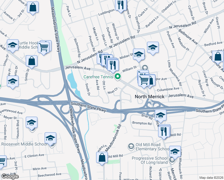map of restaurants, bars, coffee shops, grocery stores, and more near 1379 Noel Court in Merrick