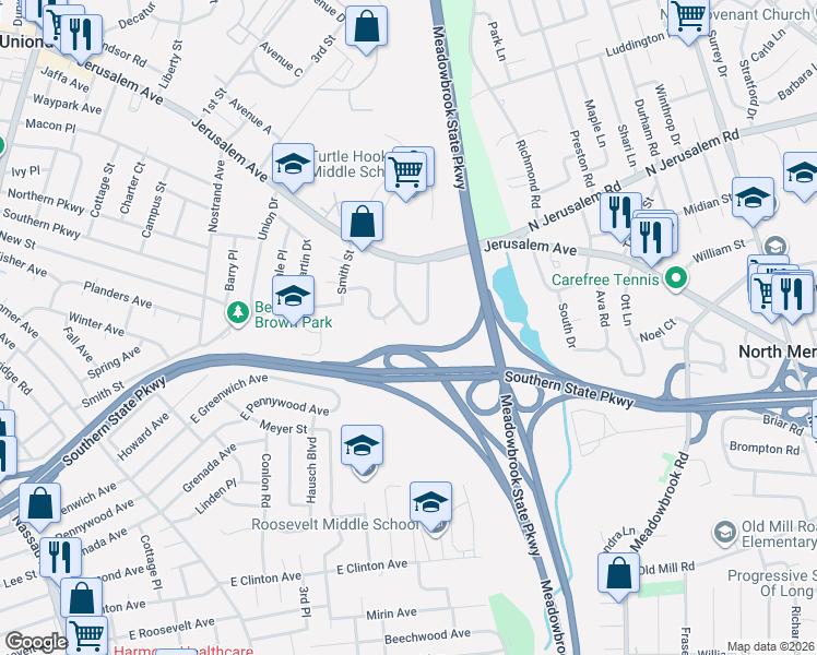 map of restaurants, bars, coffee shops, grocery stores, and more near 804 Northgate Drive in Uniondale