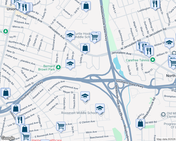 map of restaurants, bars, coffee shops, grocery stores, and more near 1076 Northgate Court South in Uniondale