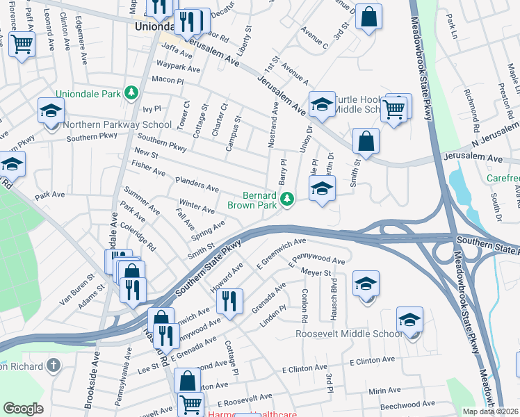 map of restaurants, bars, coffee shops, grocery stores, and more near 828 Nostrand Avenue in Uniondale