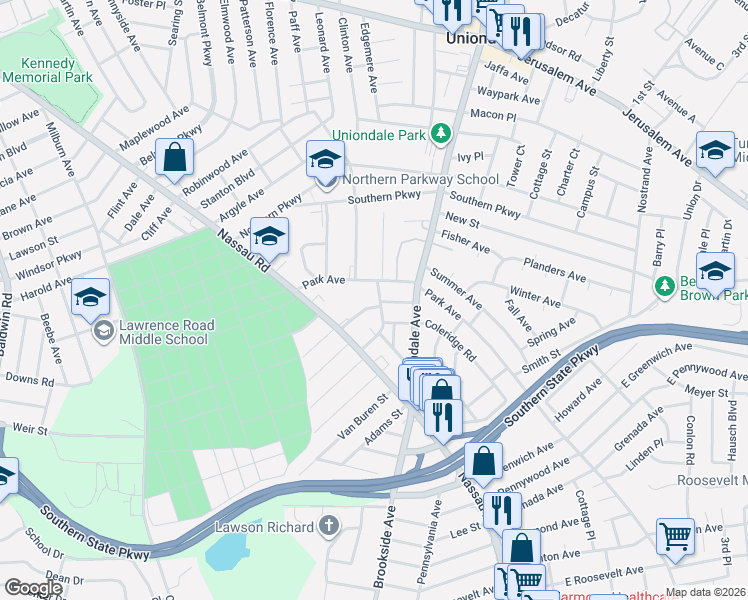 map of restaurants, bars, coffee shops, grocery stores, and more near 891 Cornwell Avenue in Uniondale