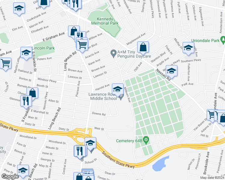 map of restaurants, bars, coffee shops, grocery stores, and more near 255 Kennedy Avenue in Hempstead