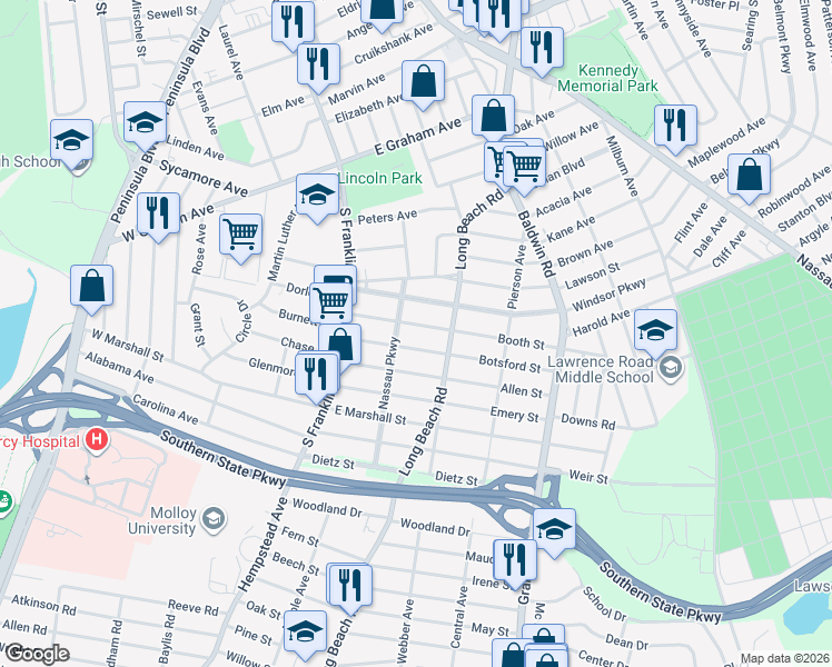 map of restaurants, bars, coffee shops, grocery stores, and more near 86 Booth Street in Hempstead