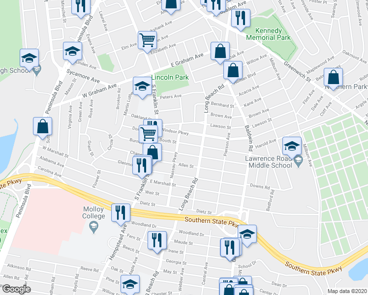 map of restaurants, bars, coffee shops, grocery stores, and more near 54 Nassau Parkway in Hempstead