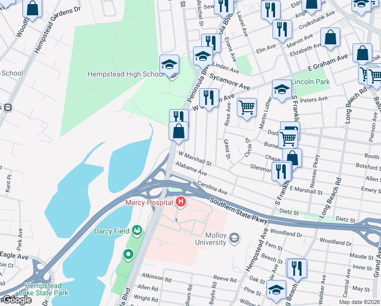 map of restaurants, bars, coffee shops, grocery stores, and more near 219 West Marshall Street in Hempstead
