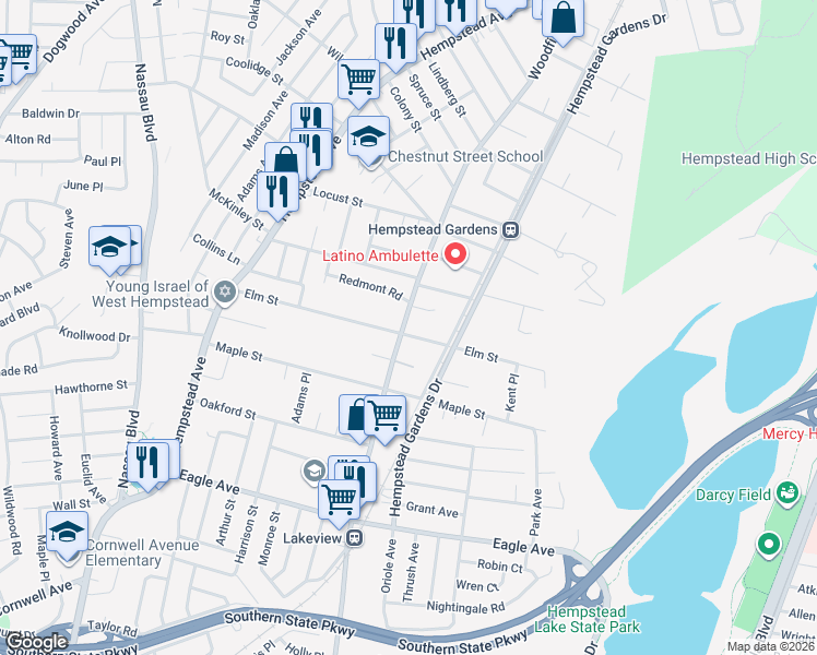 map of restaurants, bars, coffee shops, grocery stores, and more near 407 Elm Street in West Hempstead