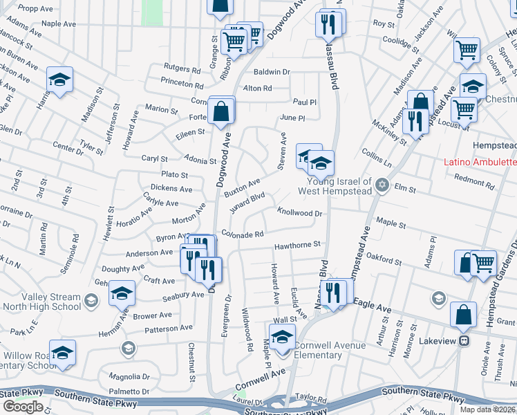map of restaurants, bars, coffee shops, grocery stores, and more near 664 Knollwood Drive in West Hempstead