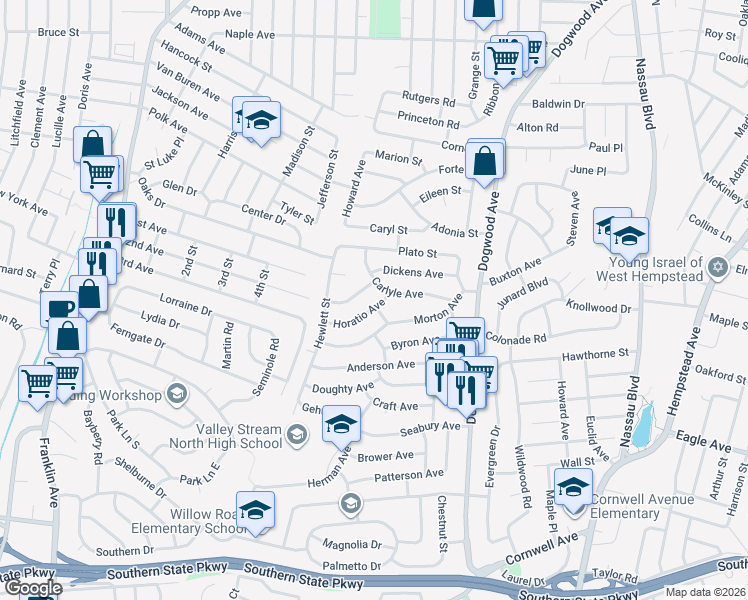 map of restaurants, bars, coffee shops, grocery stores, and more near 738 Horatio Avenue in Franklin Square