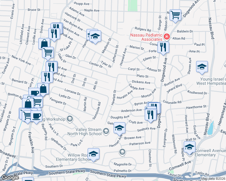 map of restaurants, bars, coffee shops, grocery stores, and more near 777 Othello Avenue in Franklin Square